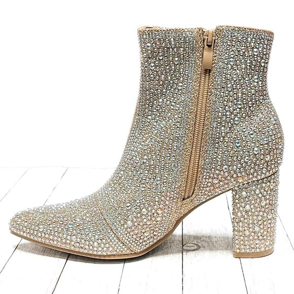 New Women Champagne Gold Rhinestone Glitter Pointy Ankle Boots Booties - Picture 4 of 6
